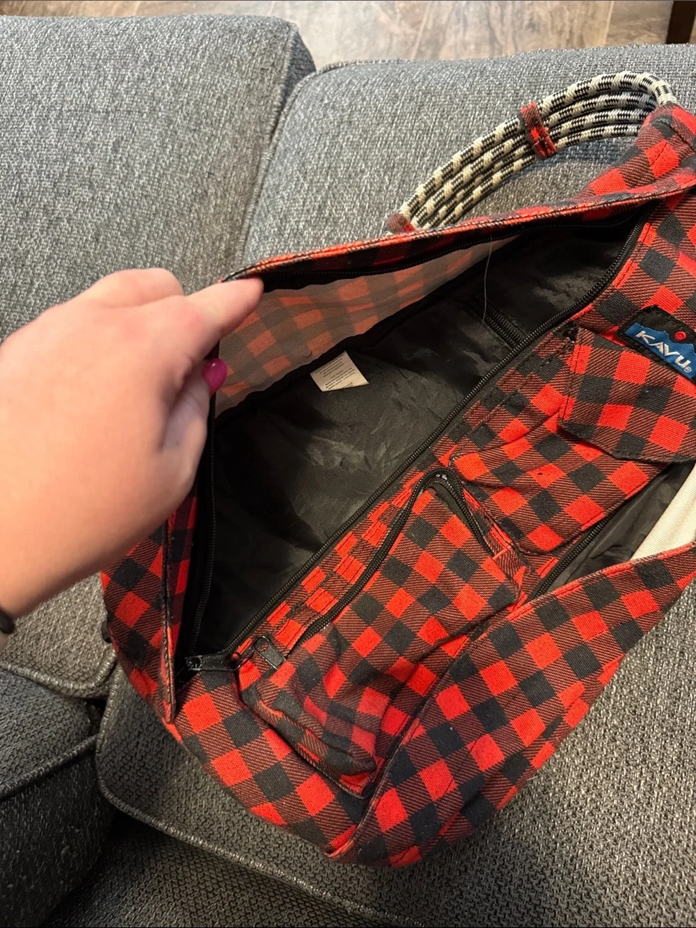 Kavu Red and Black Plaid Rope Sling Bag